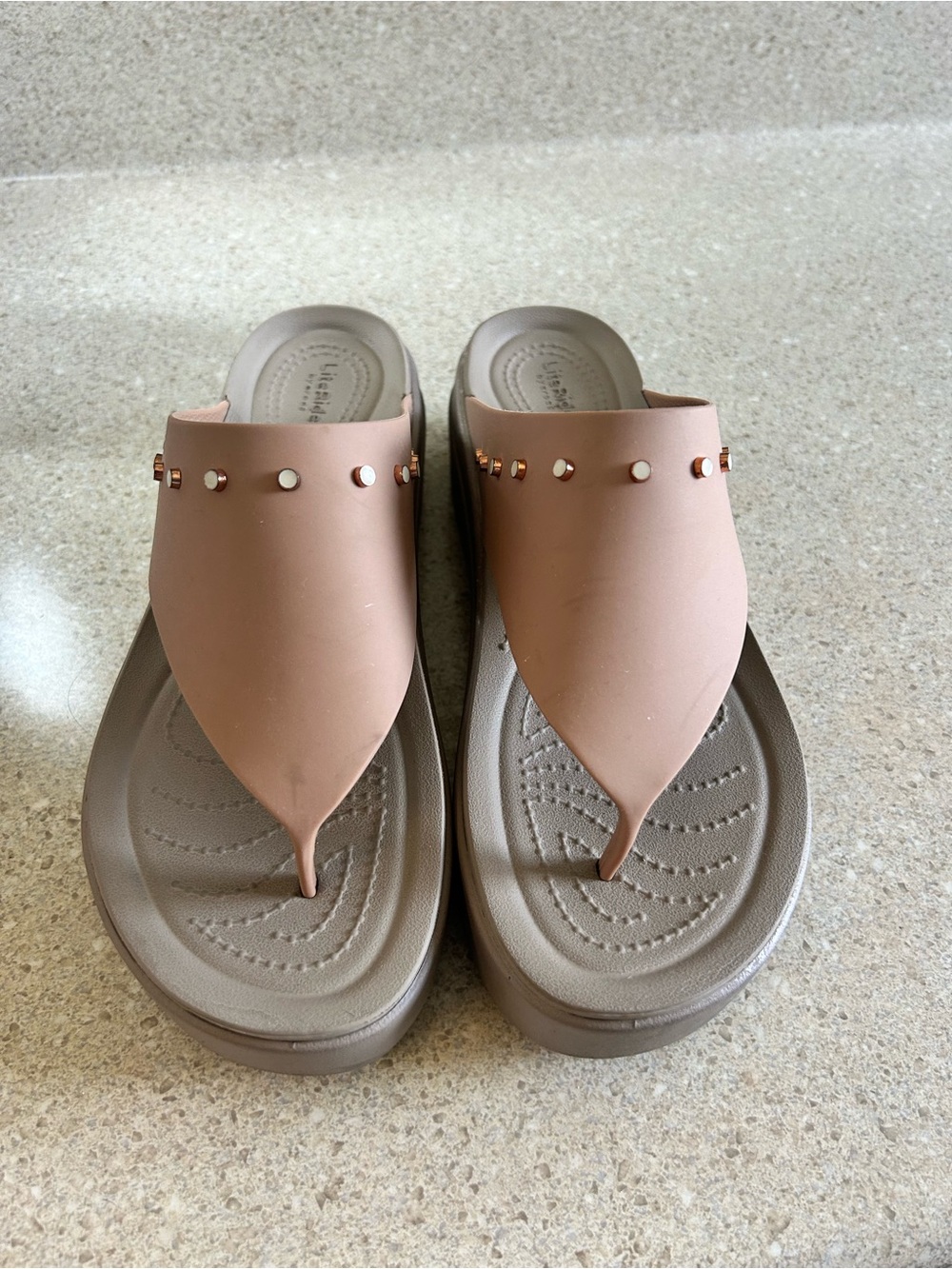 CROCS Pink Taupe Studded Platform Thong Sandals